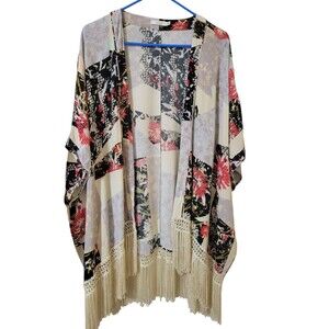 Aritzia Talula Kimono S/M Black Red Fawkner Boho Patchwork Fringe Festival A12.1